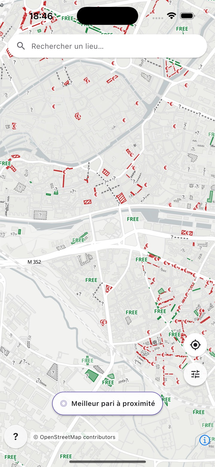 L'application Atlavo sur un téléphone, affichant la carte d'une ville où les parkings sont colorés selon leur tarif.